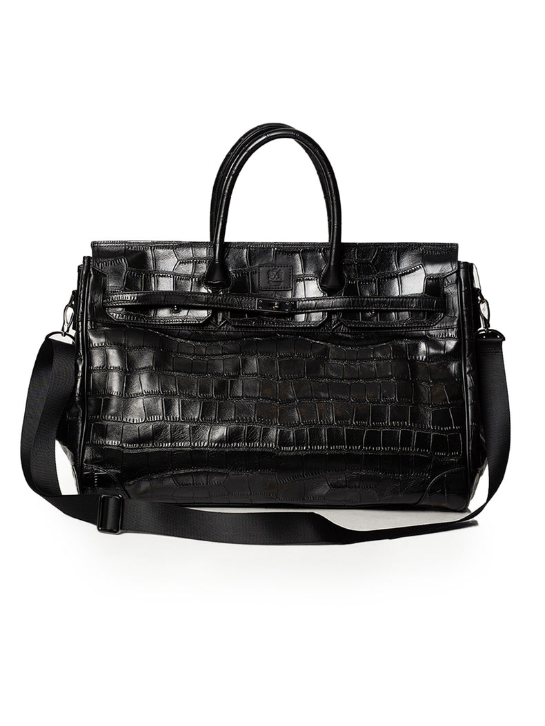 Black Crocodile Embossed Full-Grain Leather Travel Bag