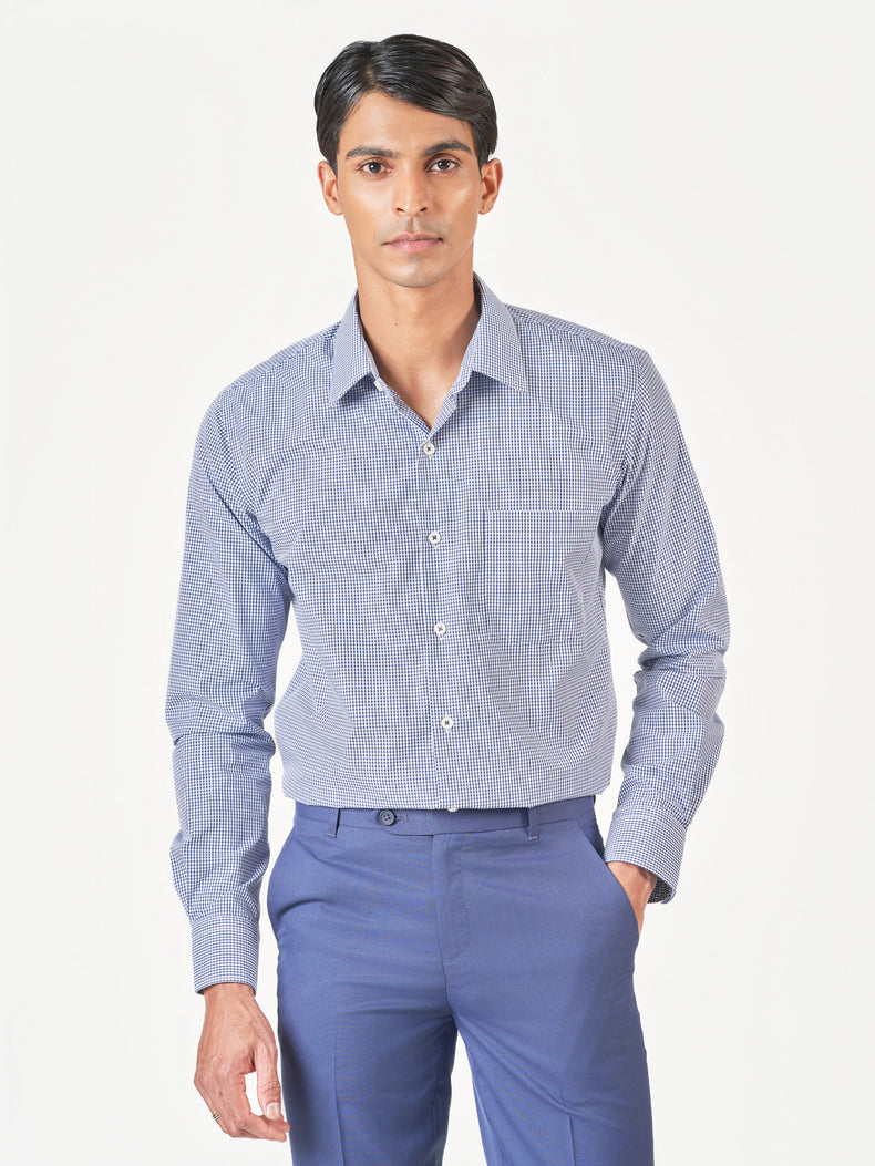 Blue Check Cotton Blend Slim Fit Formal Shirt