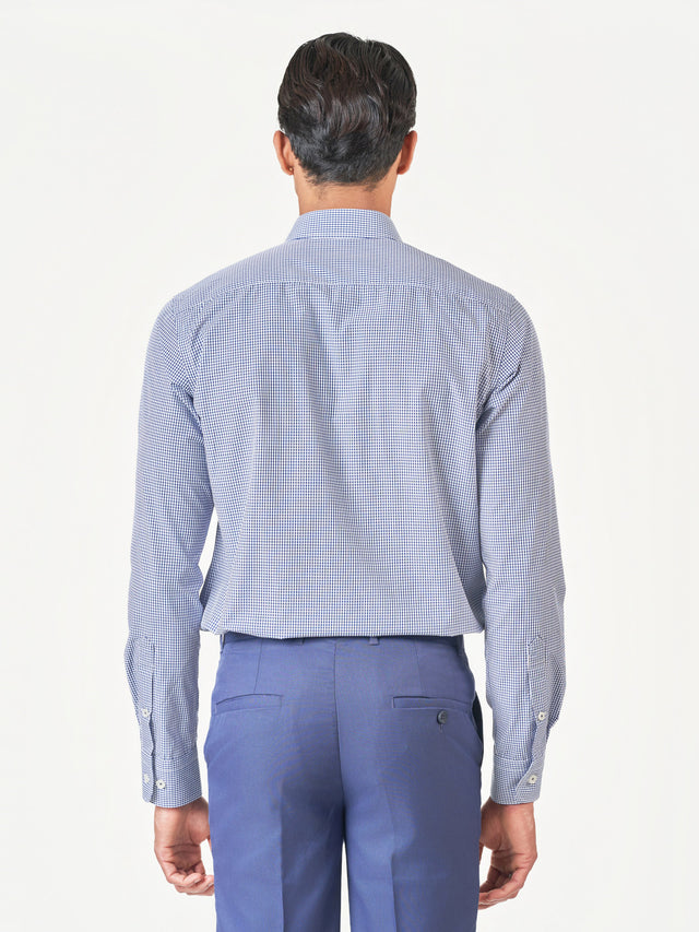 Blue Check Cotton Blend Slim Fit Formal Shirt