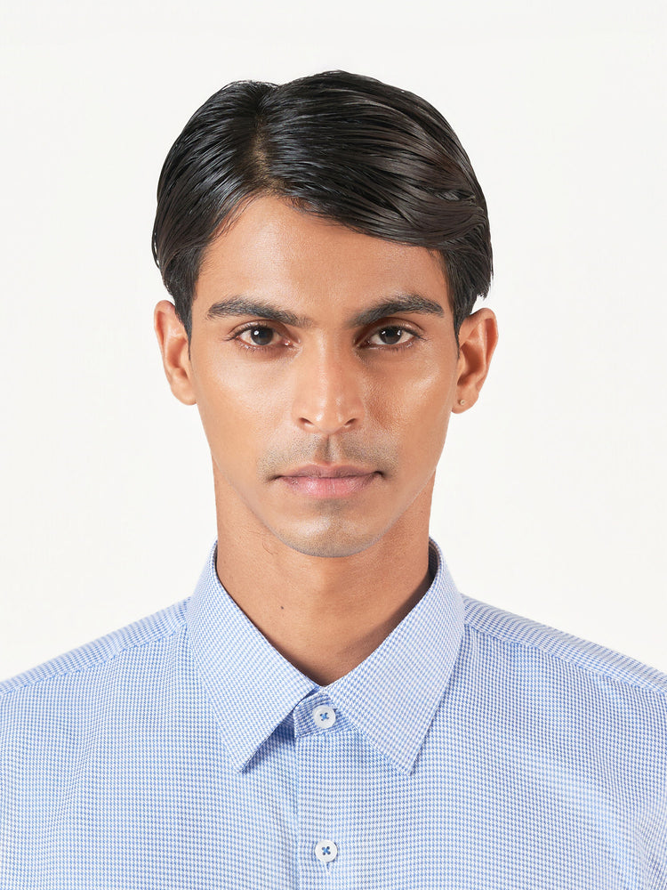 Blue Check Cotton Tencel Blend Slim Fit Shirt