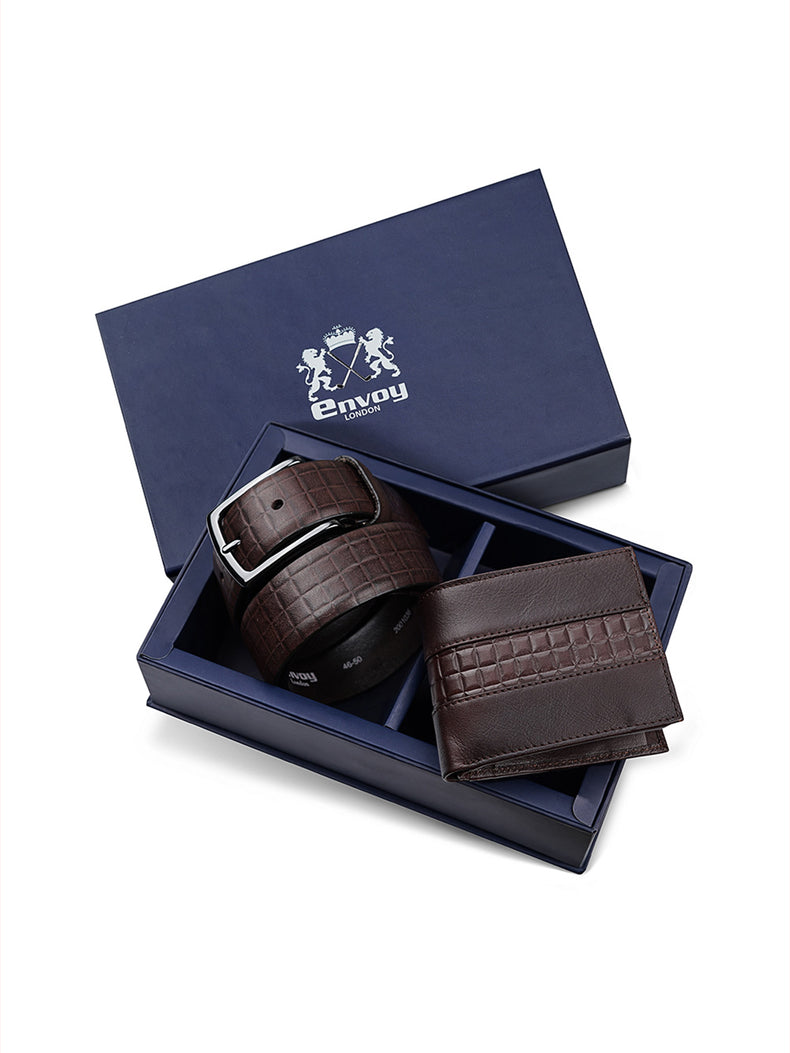 Men’s Coffee Brown Leather Belt with Wallet Set