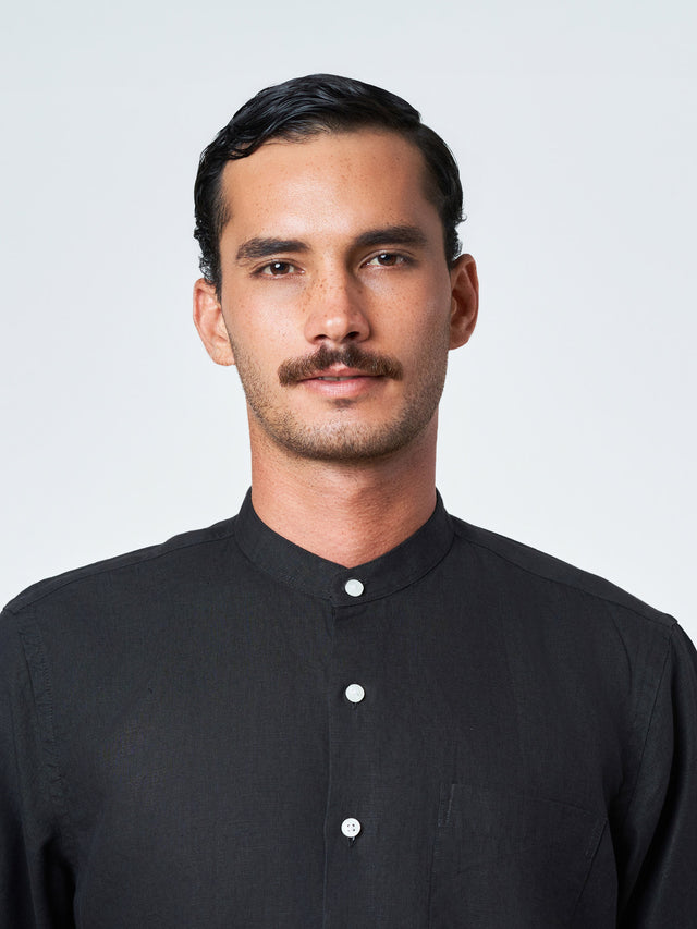 Black Plain Short Sleeve Tunic Collar Shirt