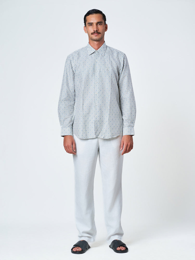 Grey Striped Long Sleeve Linen Shirt
