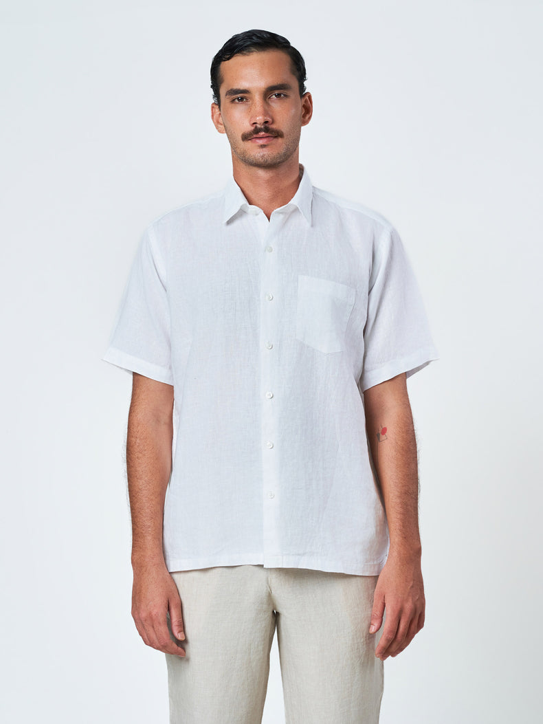 White Short Sleeve Linen Plain Shirt