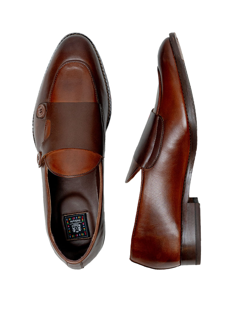 Brown Loafer Shoes with Double Button Strap Detailing