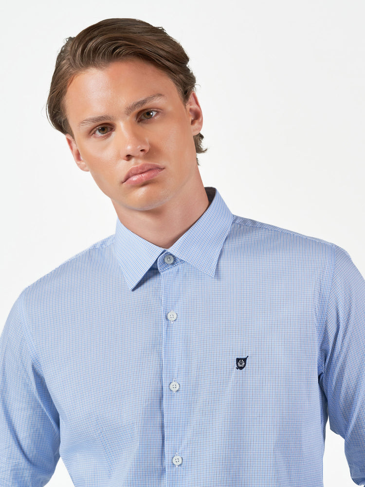 Blue Check Casual Long Sleeve Cotton Blend Shirt
