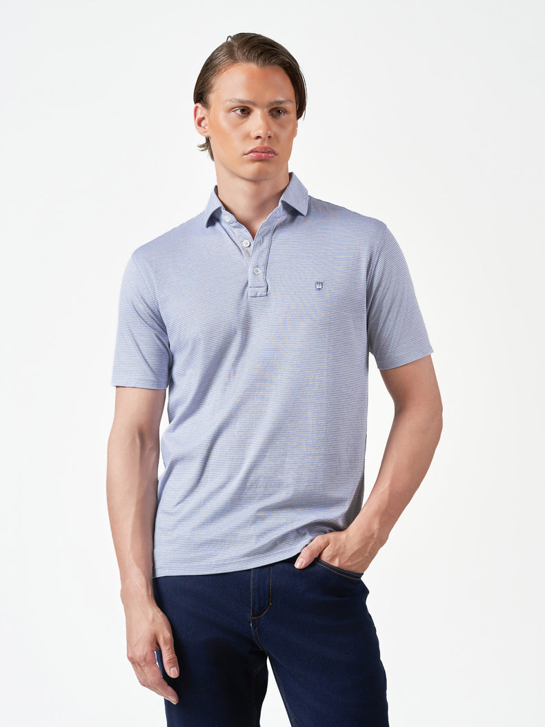 Blue Striped Cotton Stretch Short Sleeve T-Shirt