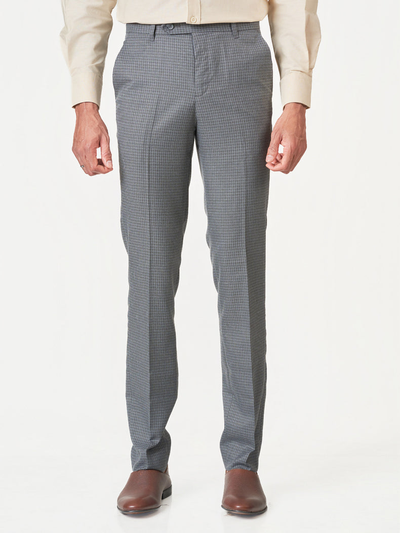 Charcoal Grey Checked Slim Fit Formal Trousers