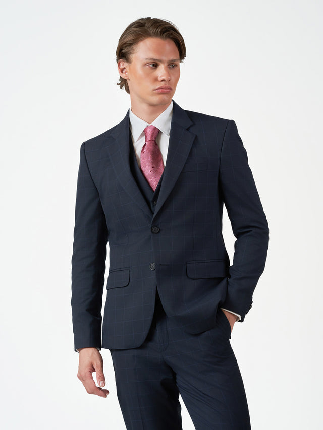Dark Blue Check 3-Piece Slim Fit Suit