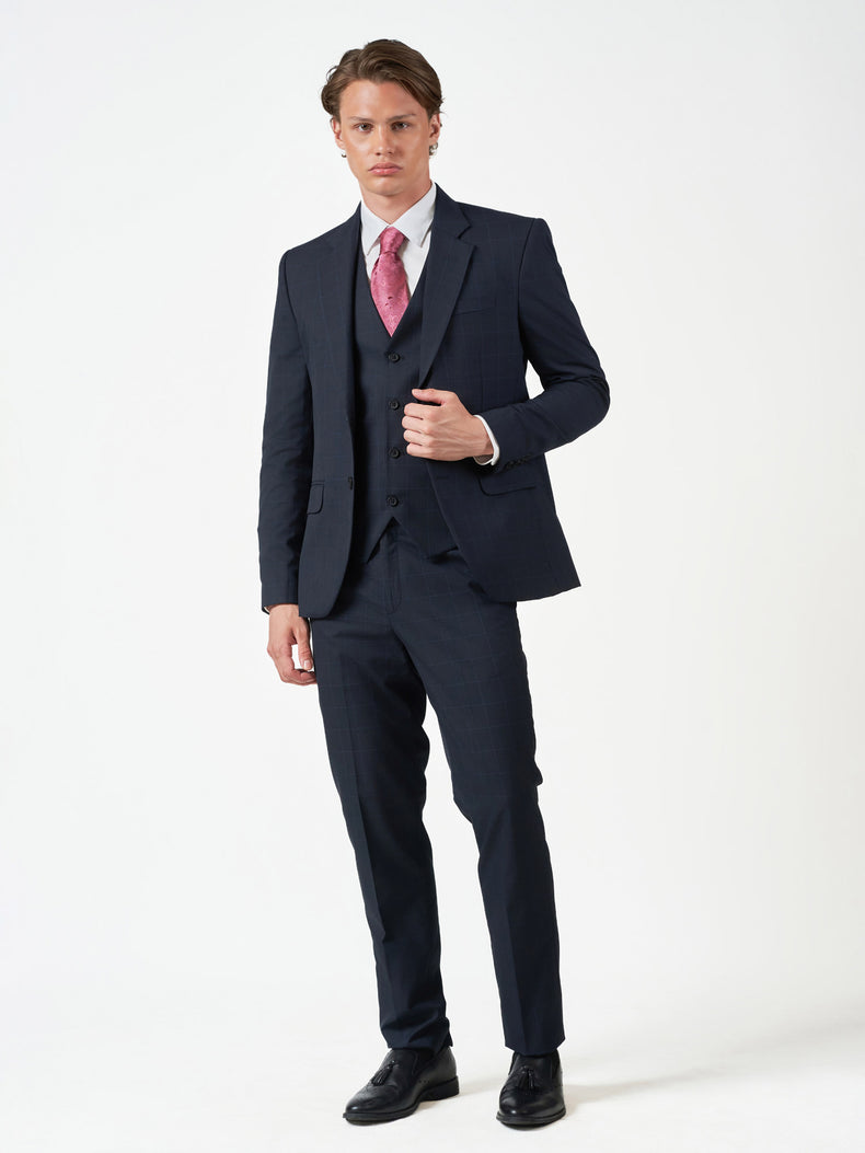 Dark Blue Check 3-Piece Slim Fit Suit