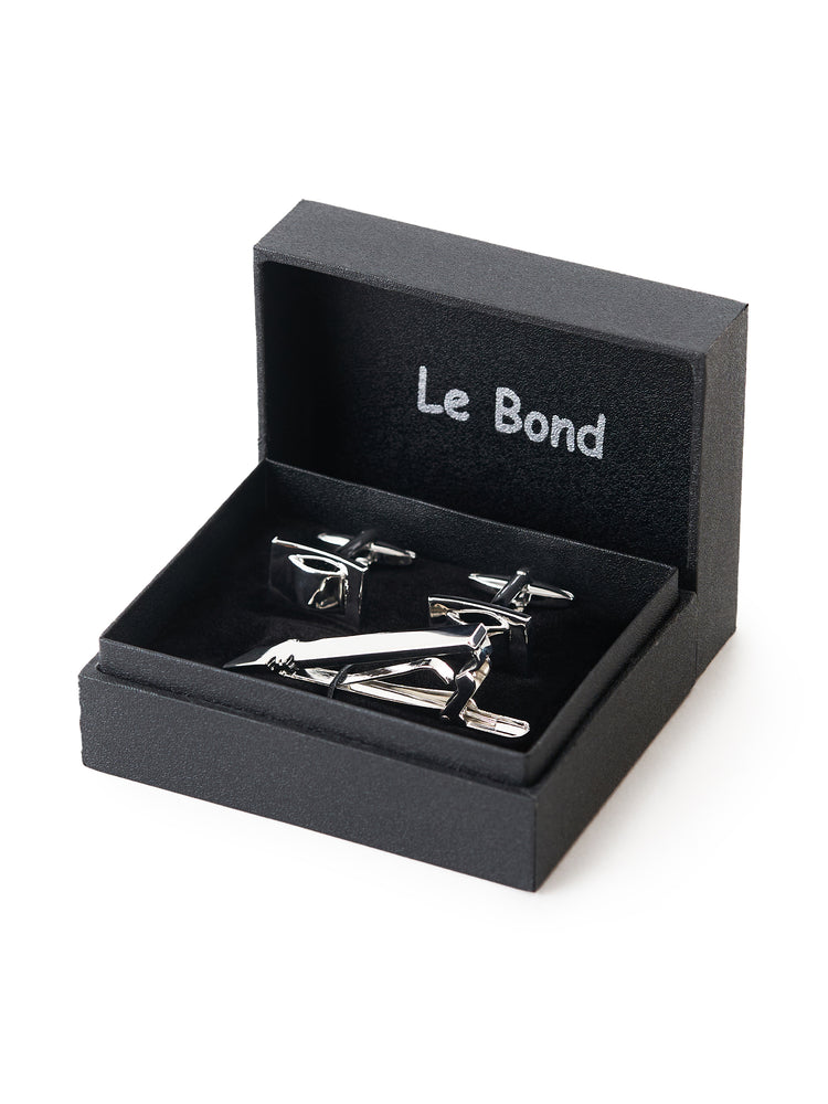 Textured Rectangular Silver Cufflinks and Tiepin