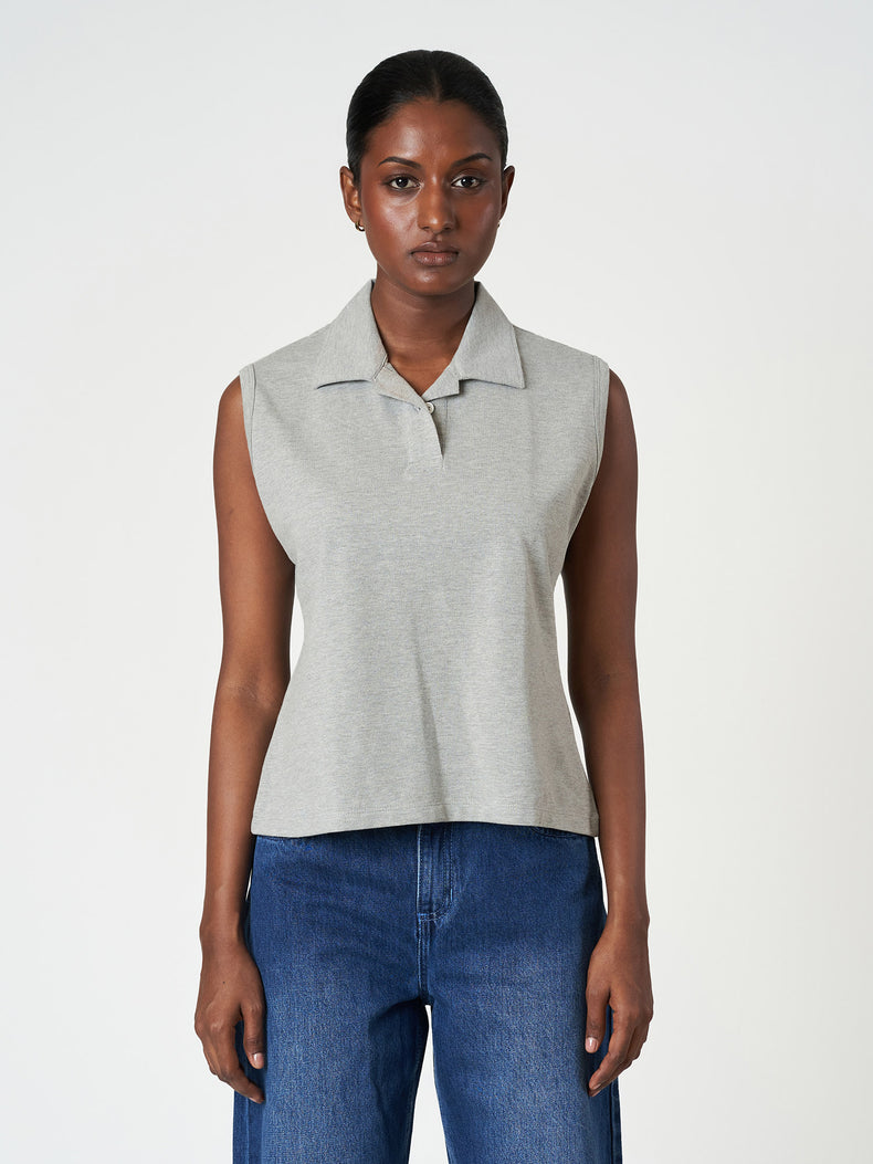 Cotton Stretch Casual Light Grey Sleeveless Polo T-Shirt