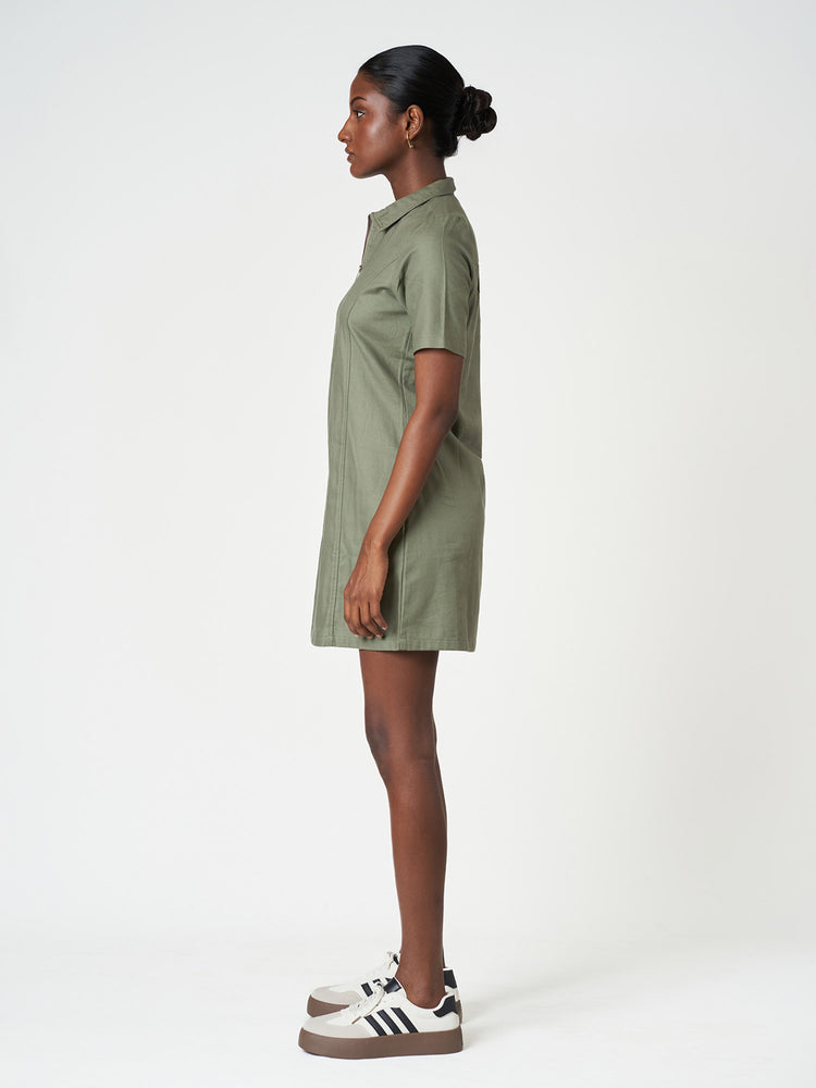 Cotton Short Sleeve Zip-Collar Mini Dress