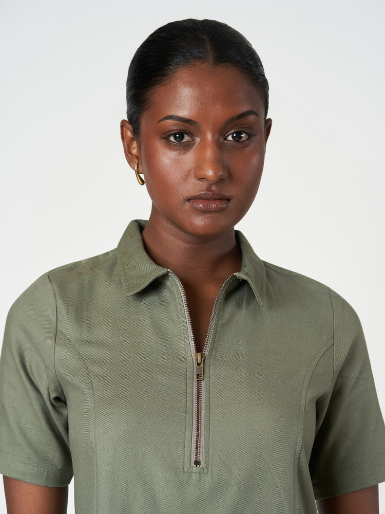 Cotton Short Sleeve Zip-Collar Mini Dress