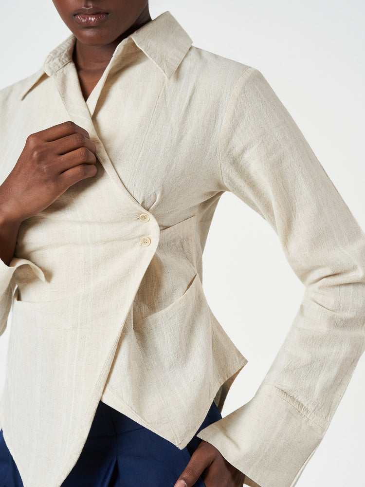 Beige Striped Long Sleeve Wrap Shirt