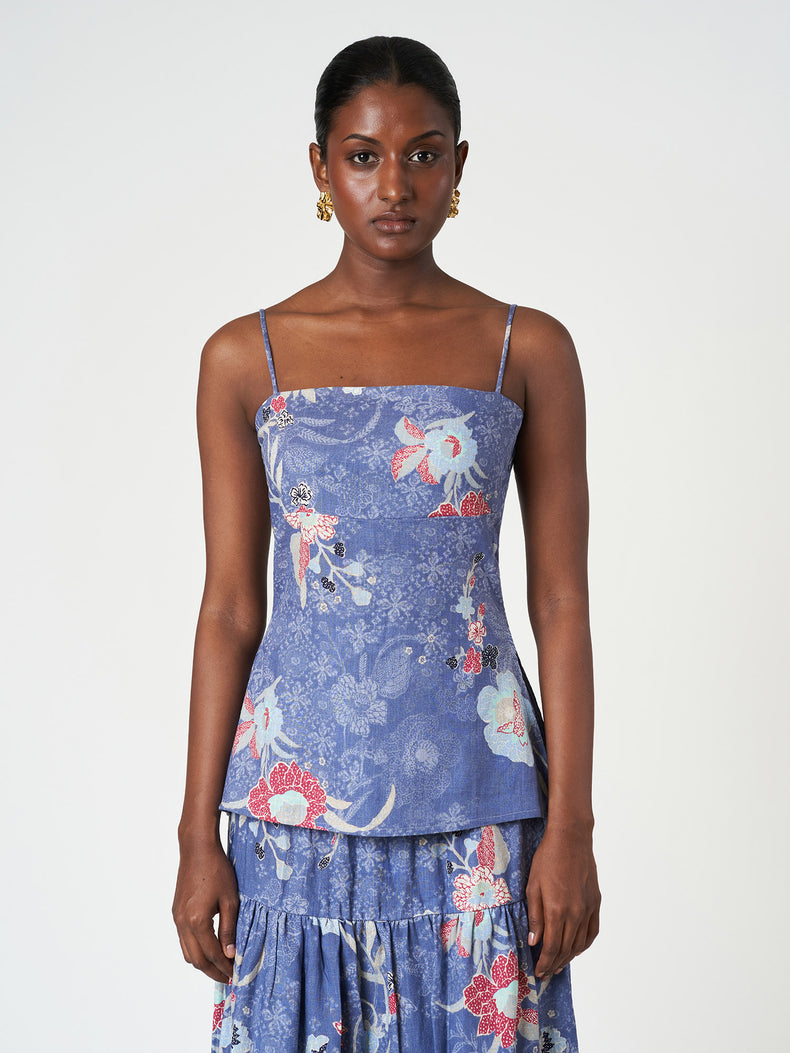 Blue Floral Cami Fitted Bodice Sleeveless Summer Top