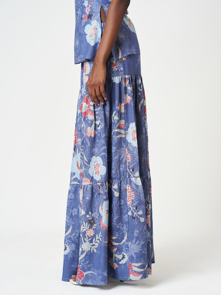 Blue Floral Tiered Maxi Relaxed Fit Flowing Skirt