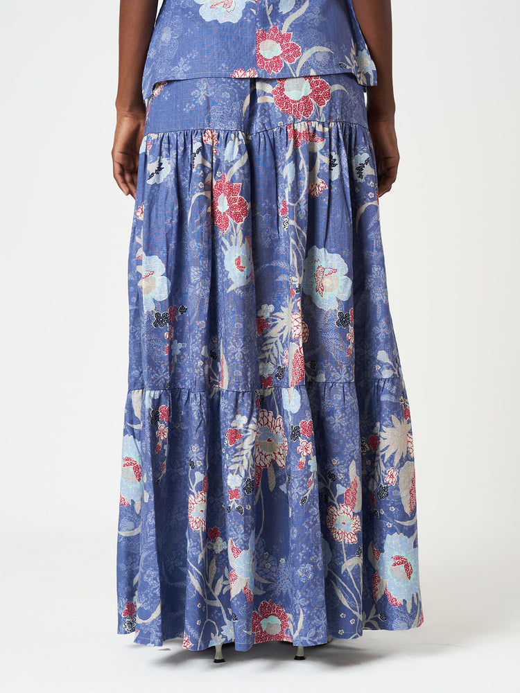 Blue Floral Tiered Maxi Relaxed Fit Flowing Skirt