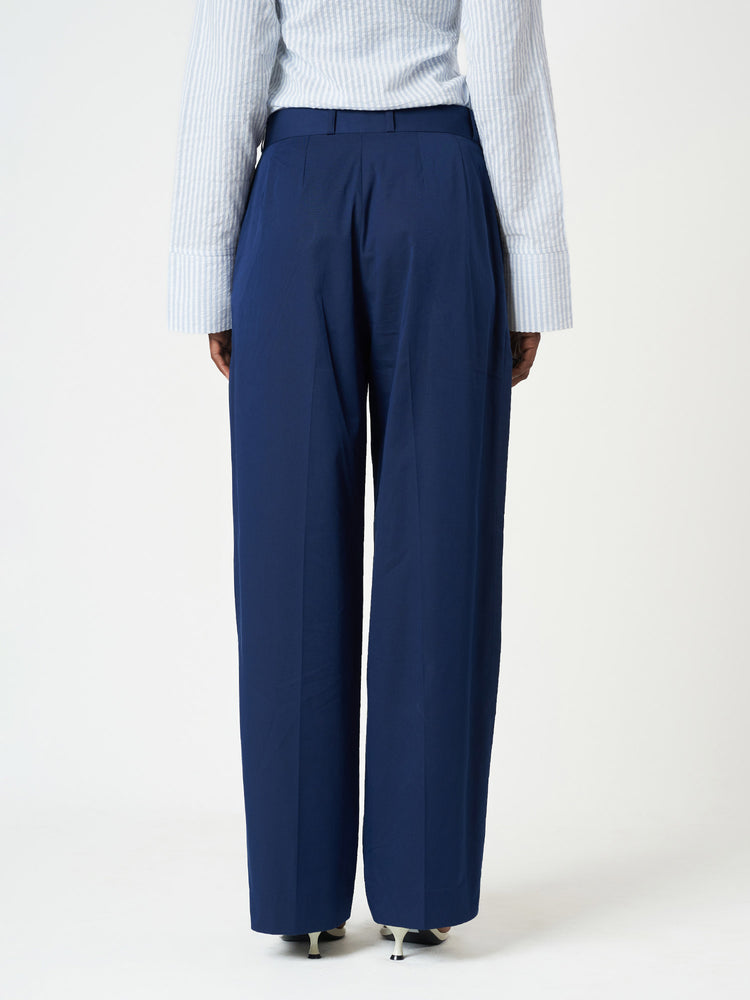 Blue Pleated High-Waisted Cotton Full Length Pants