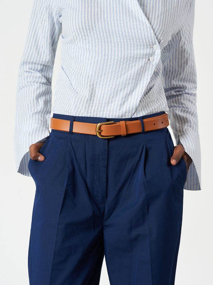 Blue Pleated High-Waisted Cotton Full Length Pants