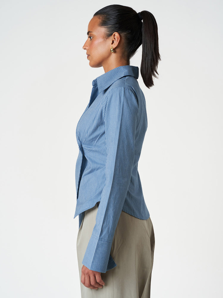 Blue Striped Long Sleeve Wrap Shirt