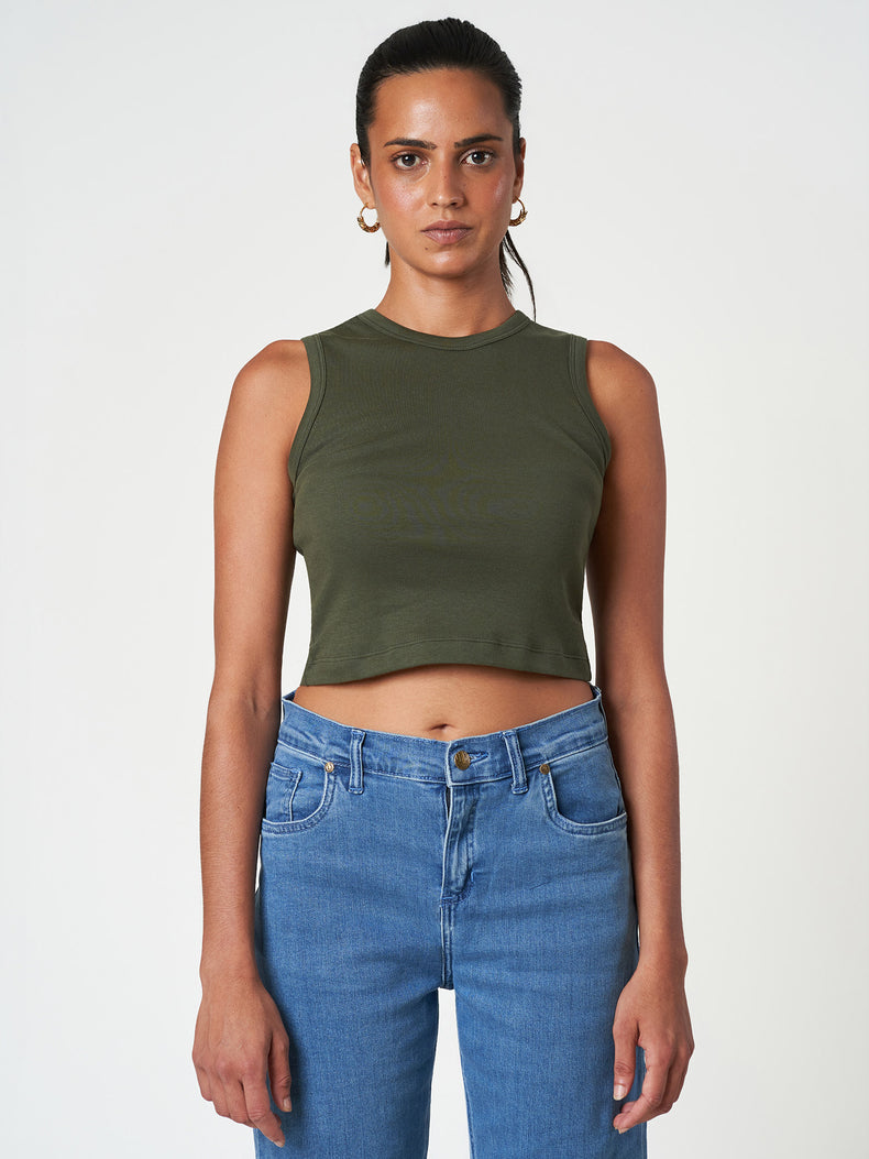 Cropped Cotton Tank Top Fitted Sleeveless Crew Neck