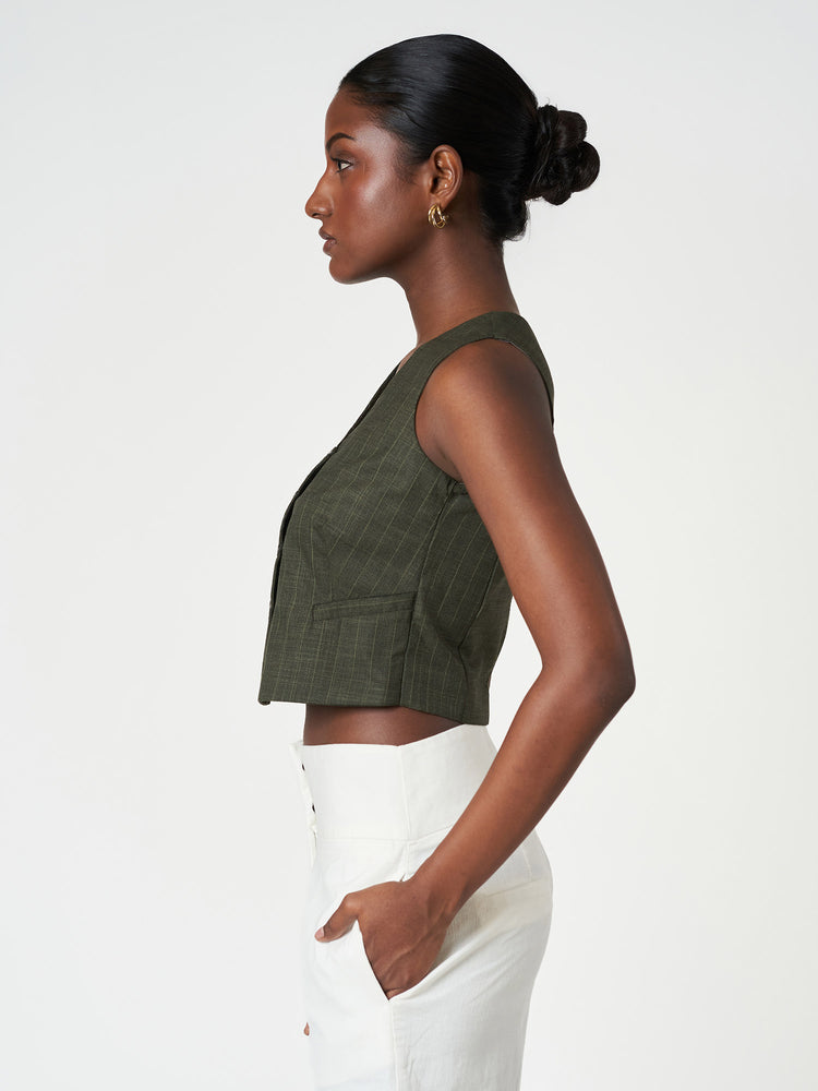 Green Cropped Button Striped Sleeveless Vest