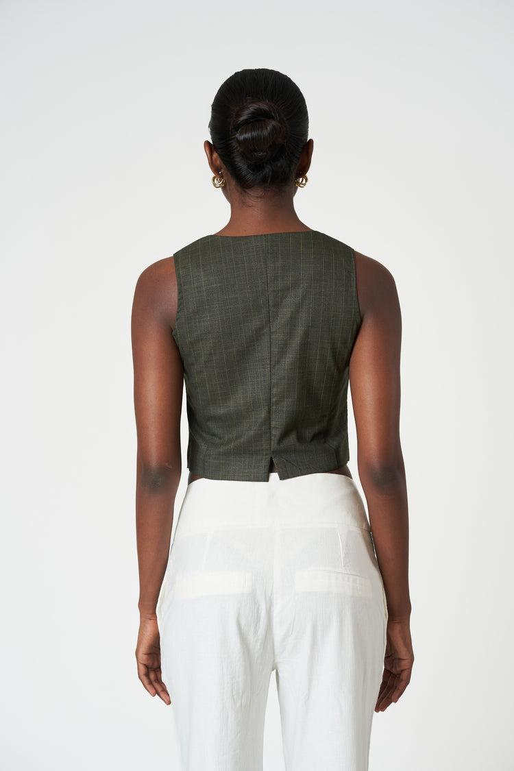 Green Cropped Button Striped Sleeveless Vest