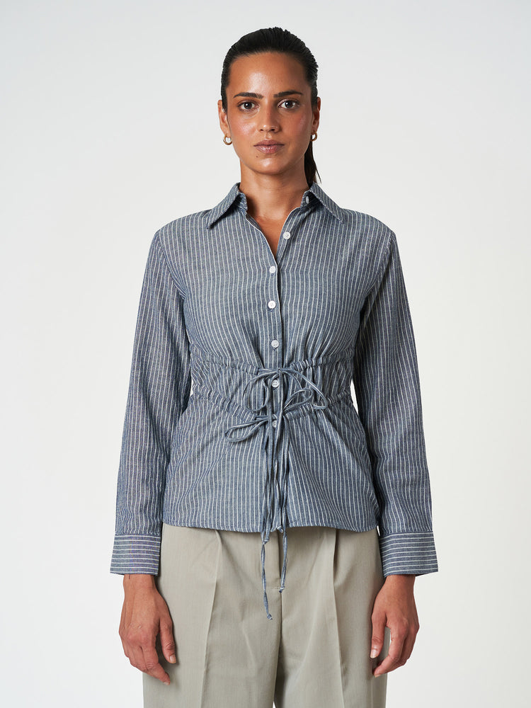 Cotton Casual Striped Drawstring Shirt