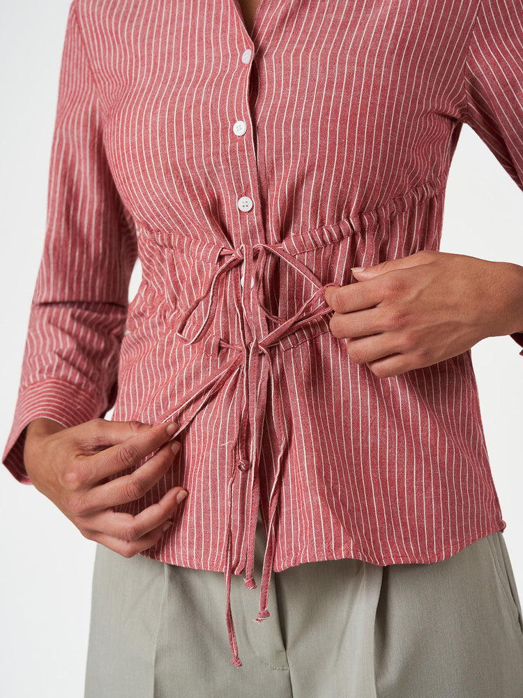 Cotton Casual Striped Drawstring Shirt