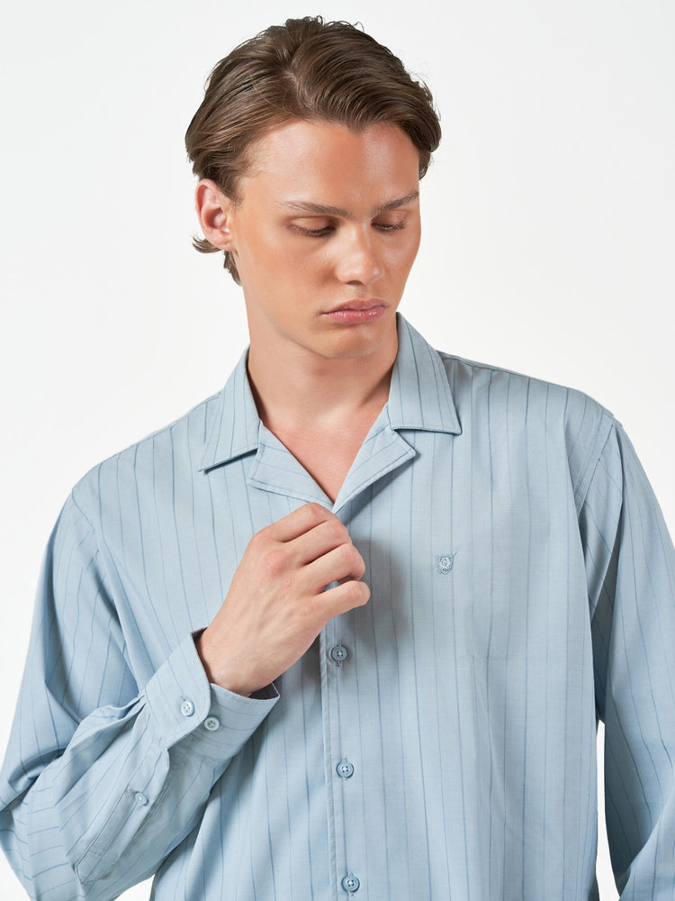 Light Green Pencil Stripe Casual Long Sleeve Shirt