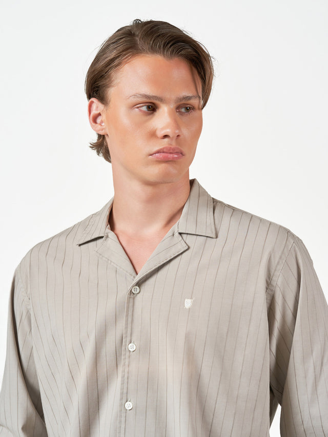 Beige Pencil Stripe Casual Long Sleeve Shirt