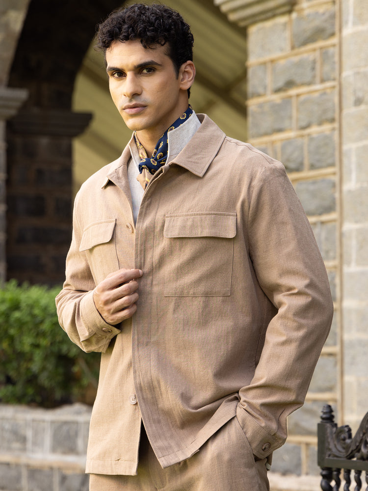Beige Cotton Linen Textured Casual Jacket
