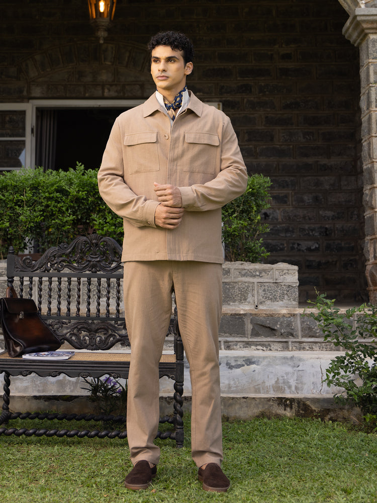 Beige Cotton Linen Textured Casual Jacket