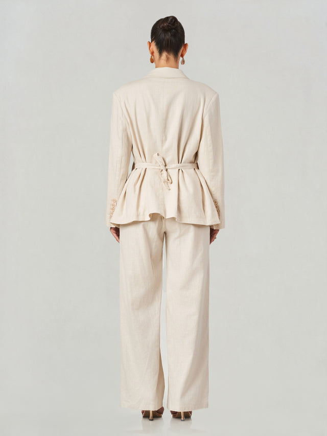 Beige Double-Breasted Linen Wide-Leg Suit