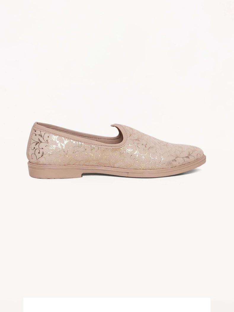 Beige Floral Embroidered Ethnic Slip-On Shoes