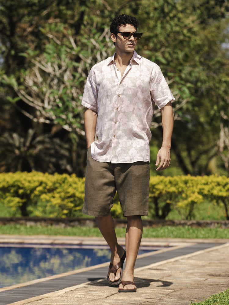 Beige Floral Printed Linen Short Sleeve Shirt