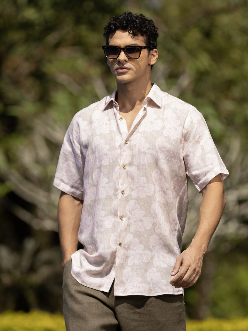 Beige Floral Printed Linen Short Sleeve Shirt