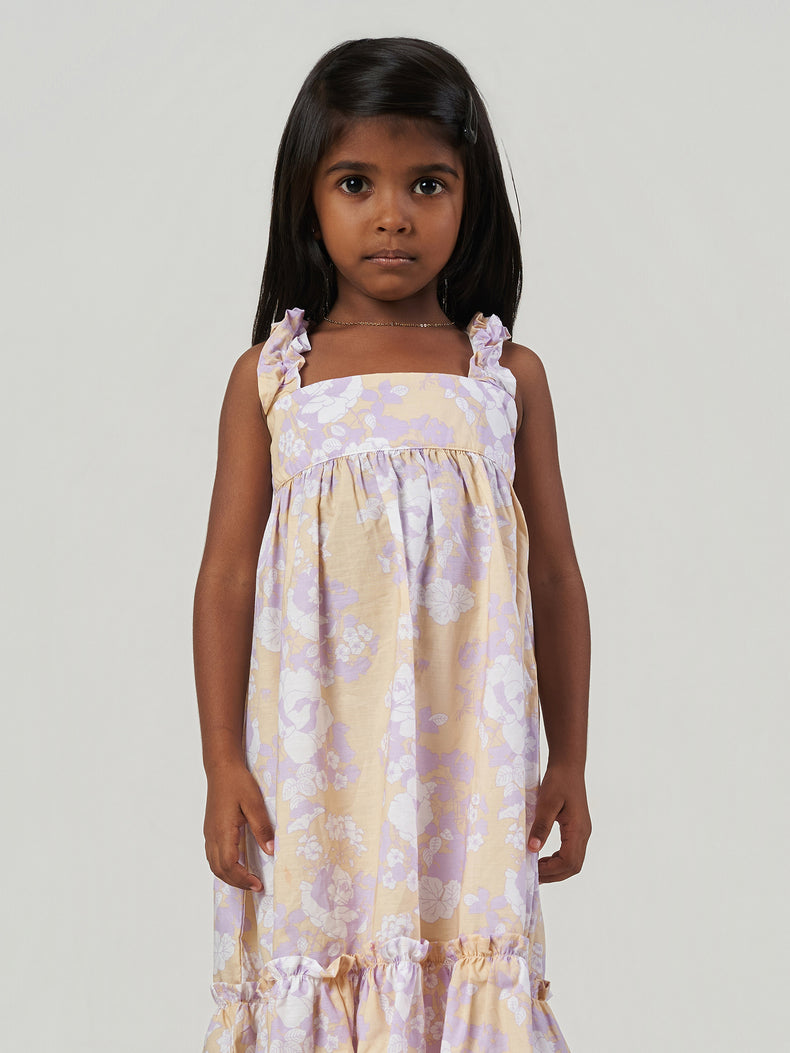 Beige Floral Printed Ruffle Strap Frock