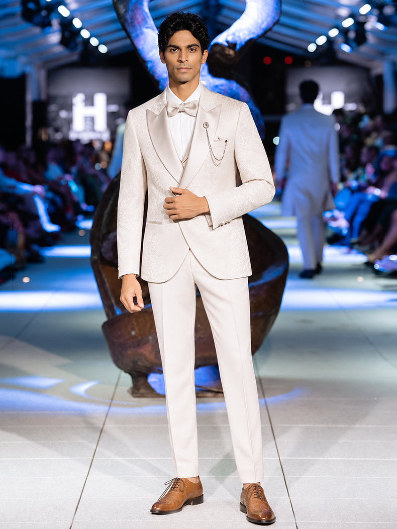Beige Jacquard Double Breasted Ceremonial Suit