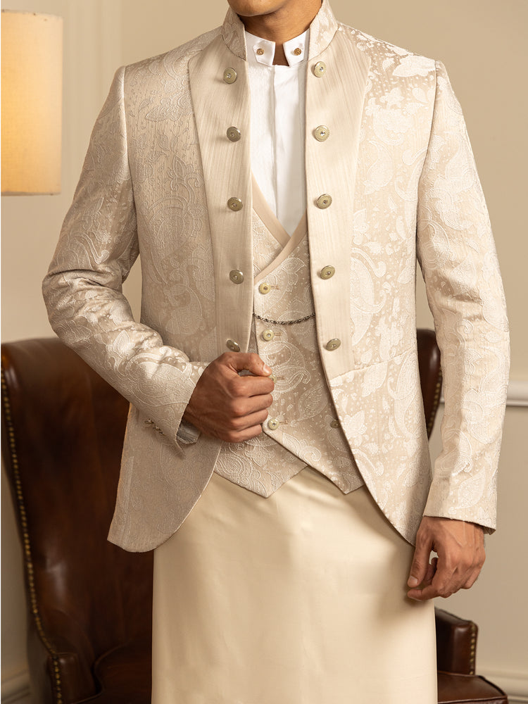 Beige Jacquard Slim Fit Ceremonial Suit