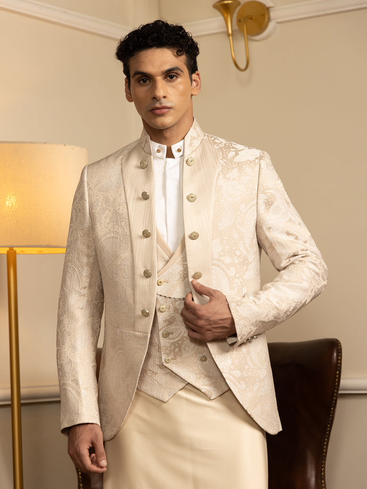 Beige Jacquard Slim Fit Ceremonial Suit