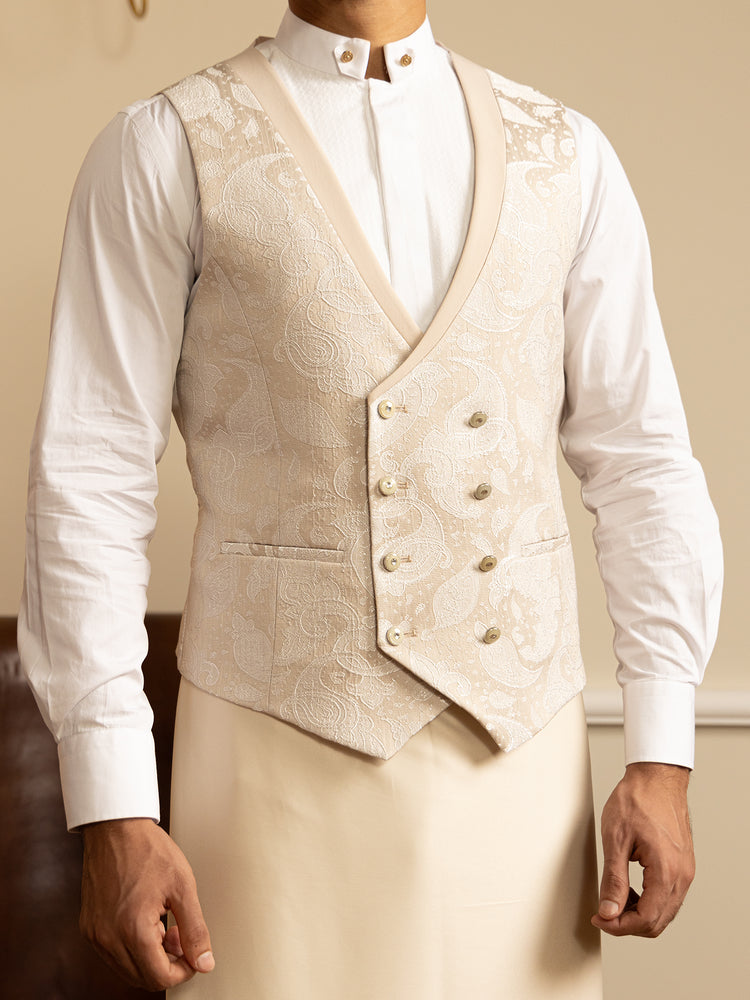 Beige Jacquard Slim Fit Ceremonial Suit