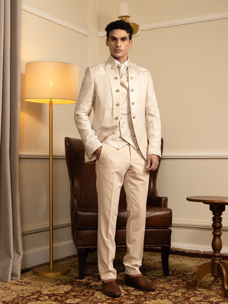 Beige Jacquard Slim Fit Ceremonial Suit