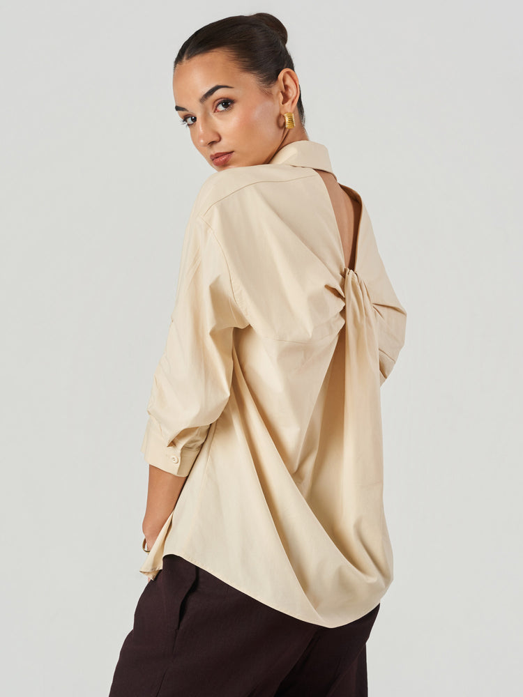 Beige Open Back Bow Detail Oversized Shirt