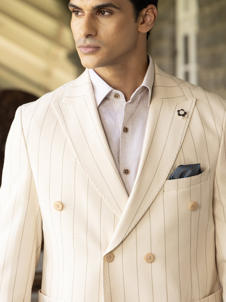 Beige Pinstripe Slim Fit Double Breasted Jacket
