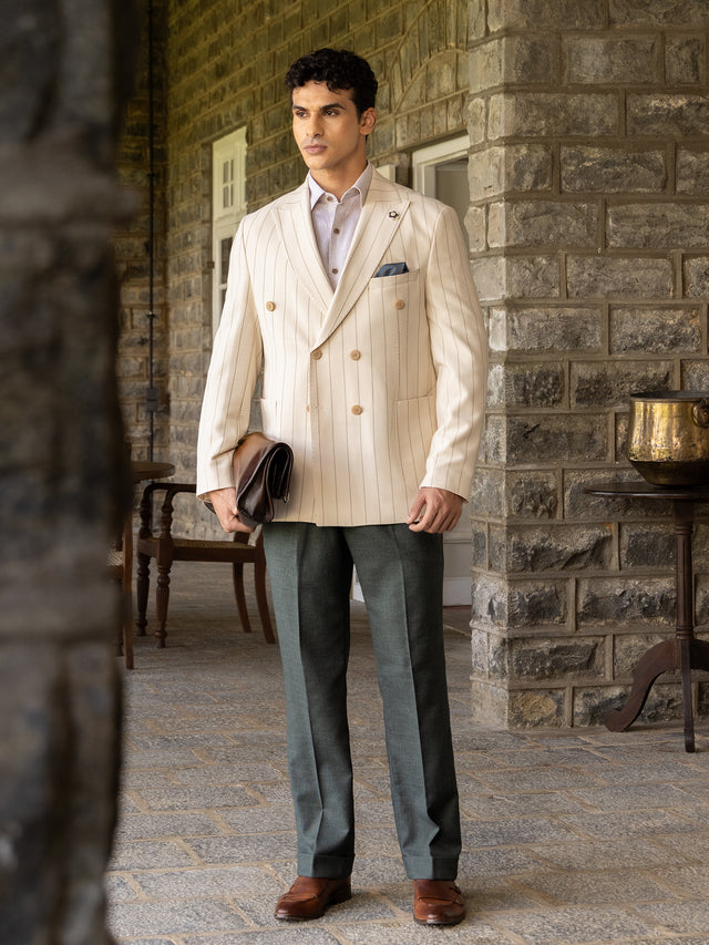 Beige Pinstripe Slim Fit Double Breasted Jacket