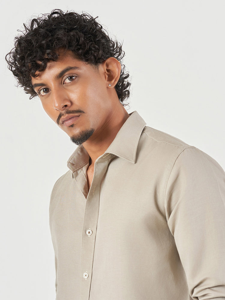 Beige Plain Linen Blend Slim Fit Casual Shirt