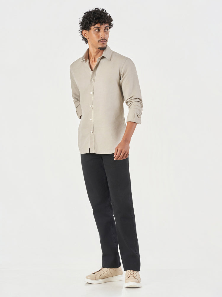 Beige Plain Linen Blend Slim Fit Casual Shirt