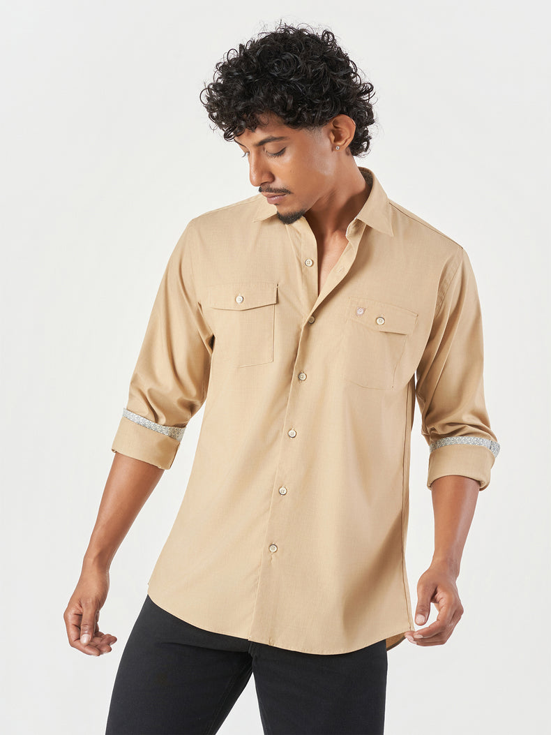 Beige Plain Regular Fit Casual Shirt